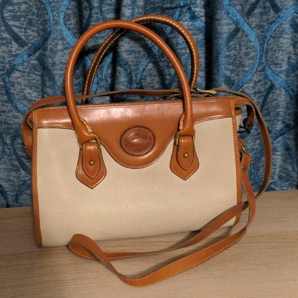SOLD Dooney & Bourke London Tan and Cream Satchel with Vintage Charm Crossbody - Picture 1 of 8